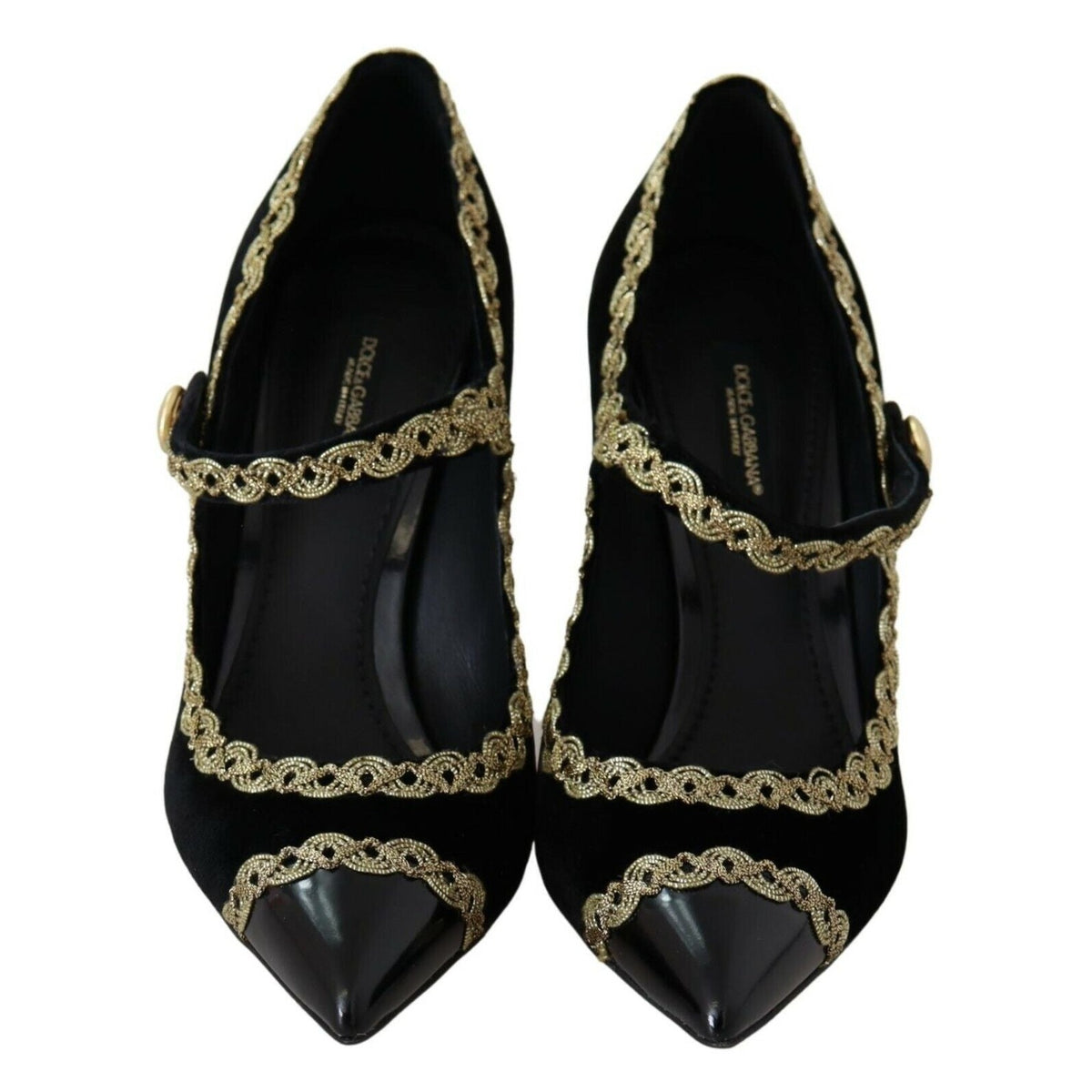 Dolce & Gabbana black velvet Mary Jane pumps with embellished details and a sleek, stylish design.