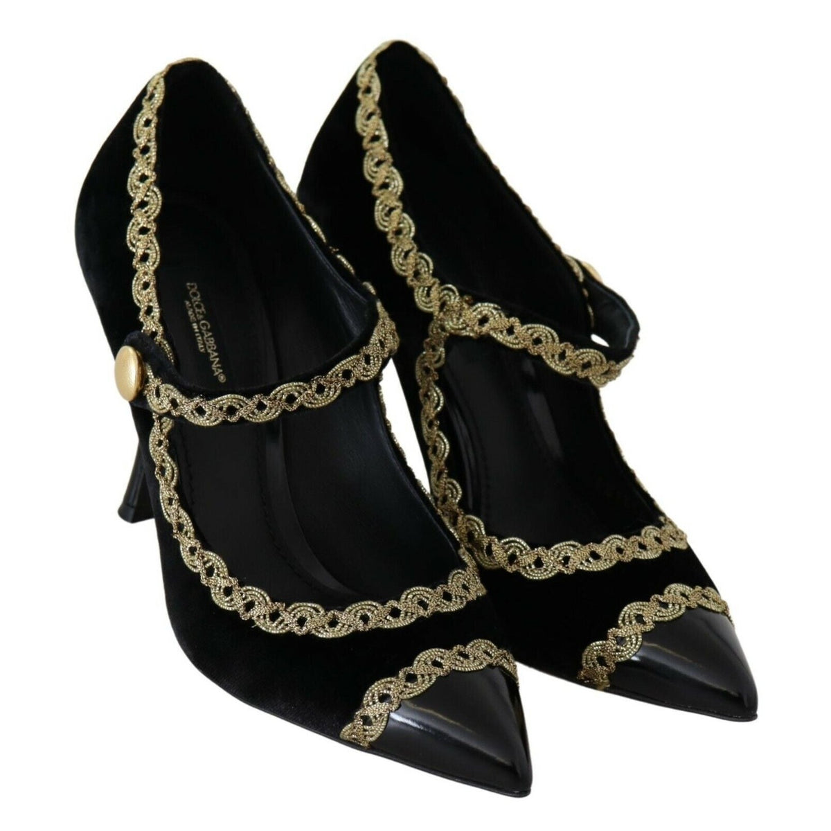 Dolce & Gabbana black velvet Mary Jane pumps with embellished details, featuring a stylish, elegant shoe design.