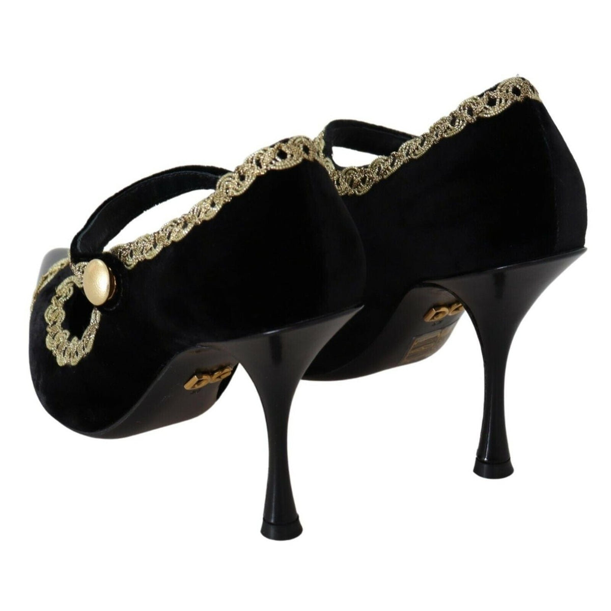 Dolce & Gabbana black velvet embellished Mary Jane pumps with decorative details and a classic slip-on design.
