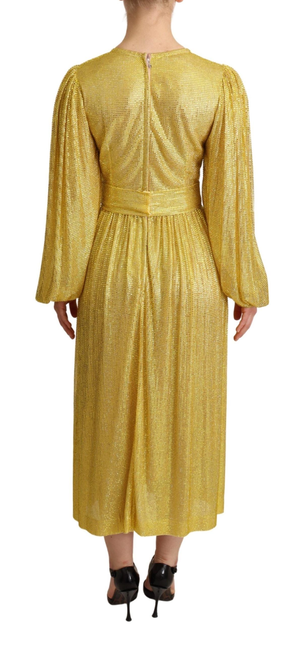 Dolce & Gabbana Yellow Crystal Mesh Pleated Maxi Dress Dolce & Gabbana