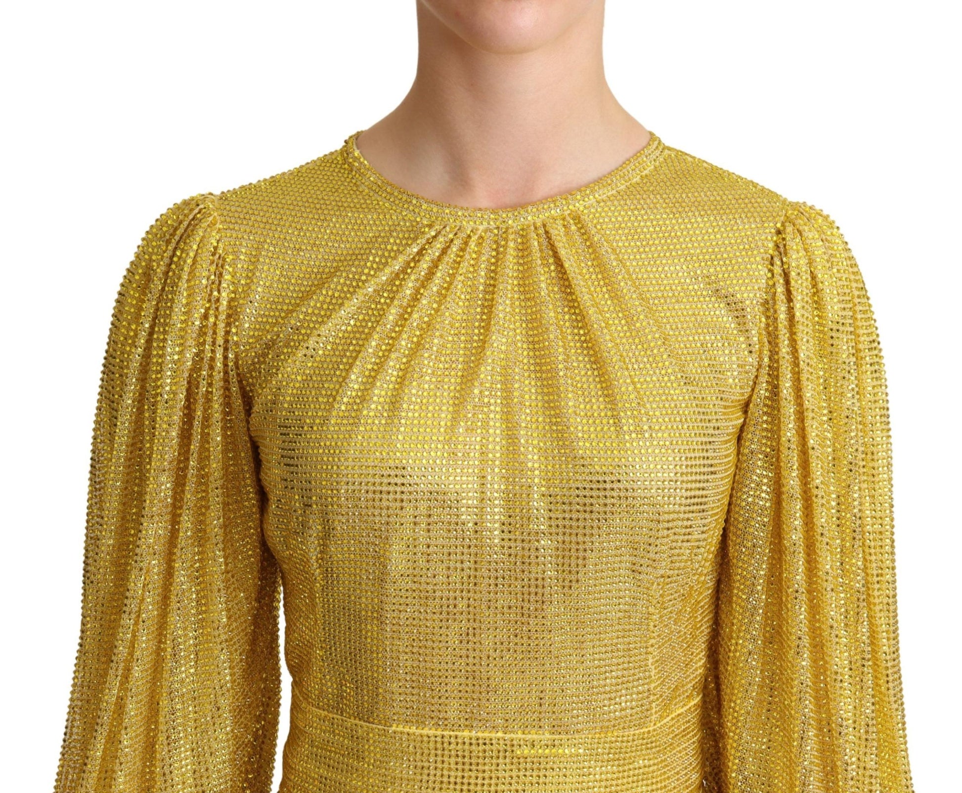 Dolce & Gabbana Yellow Crystal Mesh Pleated Maxi Dress Dolce & Gabbana