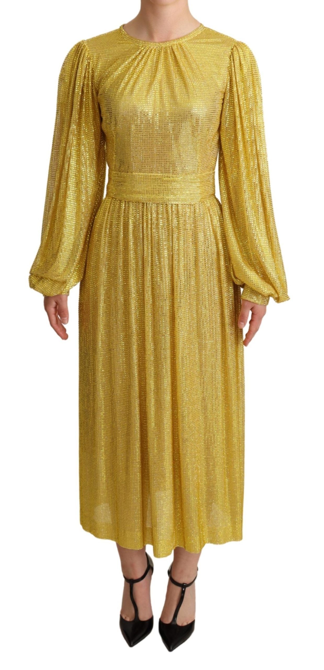 Dolce & Gabbana Yellow Crystal Mesh Pleated Maxi Dress Dolce & Gabbana
