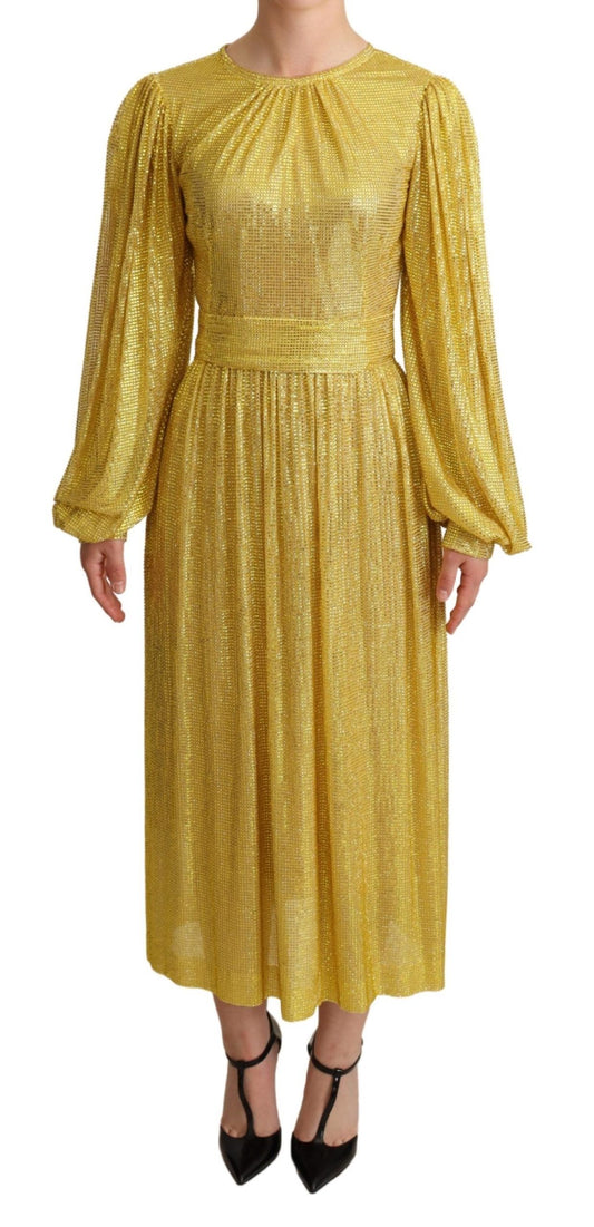 Dolce & Gabbana Yellow Crystal Mesh Pleated Maxi Dress Dolce & Gabbana