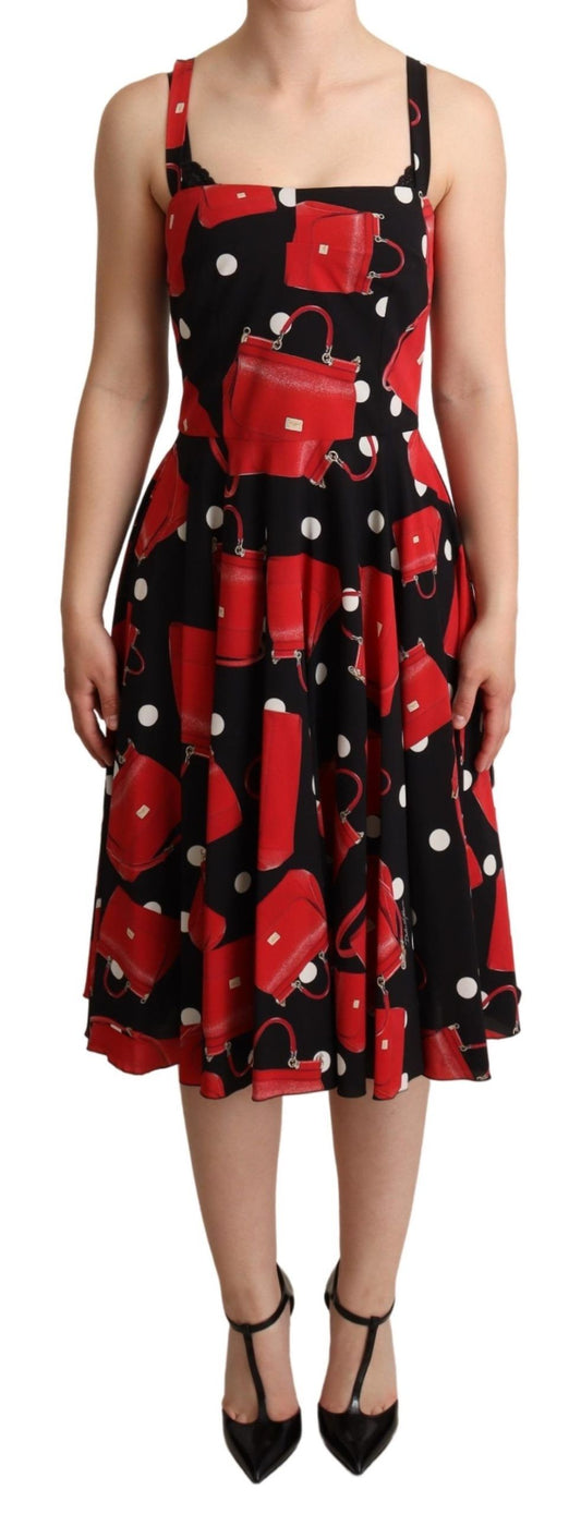 Dolce & Gabbana Black Red Bag Print A-line Mid Length Dress Dolce & Gabbana