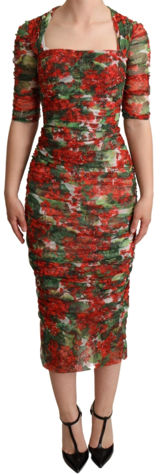 Dolce & Gabbana Red Floral Print Tulle Sheath Midi Dress Dolce & Gabbana