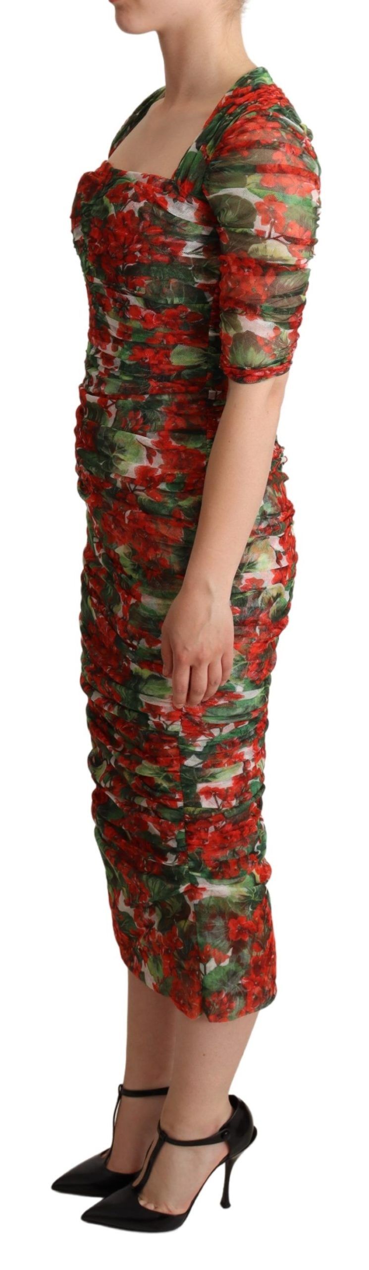 Dolce & Gabbana Red Floral Print Tulle Sheath Midi Dress Dolce & Gabbana