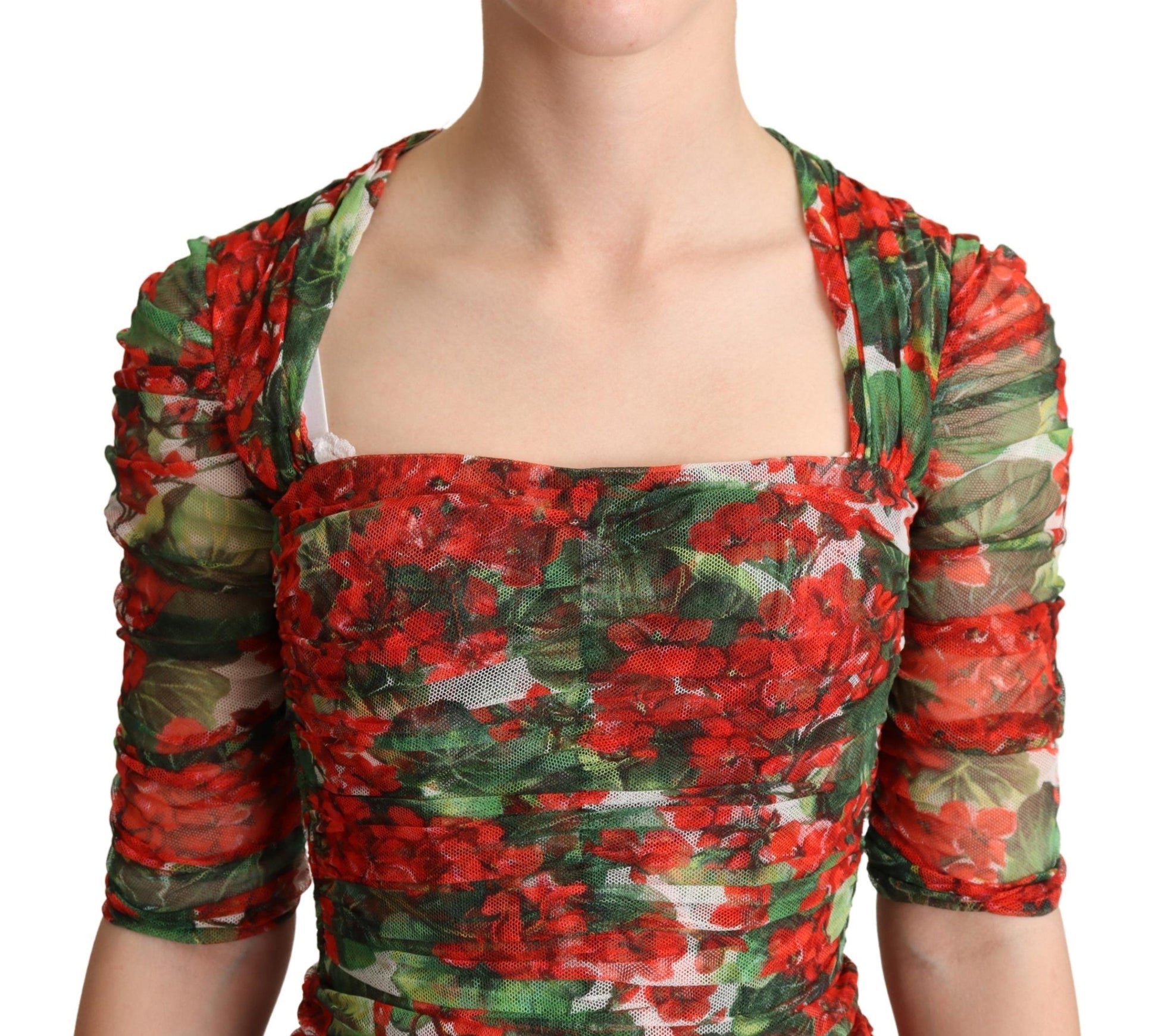 Dolce & Gabbana Red Floral Print Tulle Sheath Midi Dress Dolce & Gabbana