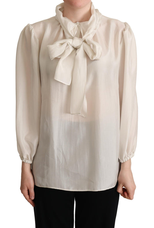 Dolce & Gabbana Light Gray Ascot Collar Shirt Silk Blouse Top Dolce & Gabbana