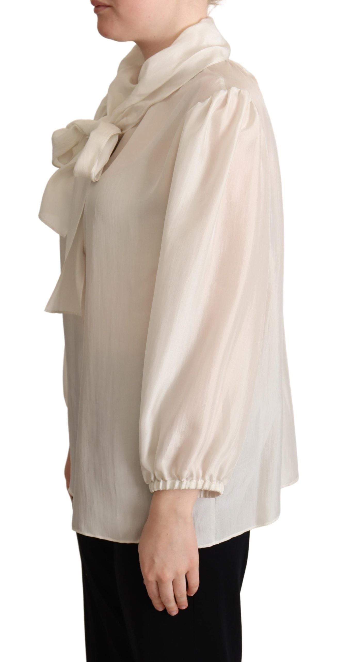 Dolce & Gabbana Light Gray Ascot Collar Shirt Silk Blouse Top Dolce & Gabbana