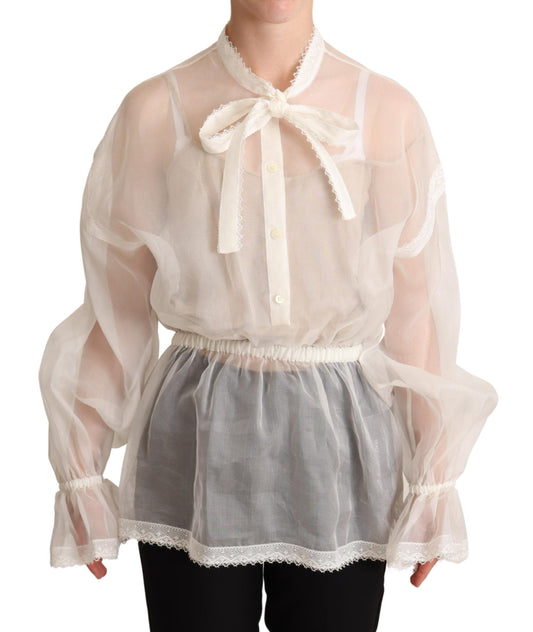 Dolce & Gabbana White Ascot Collar Long Sleeves Blouse Top Dolce & Gabbana