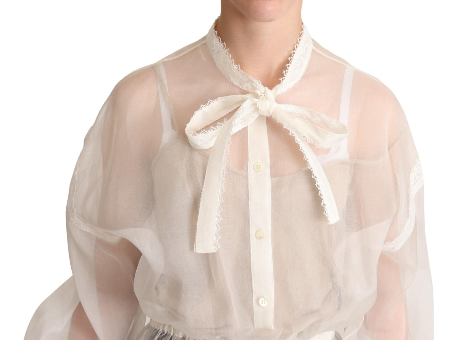 Dolce & Gabbana White Ascot Collar Long Sleeves Blouse Top Dolce & Gabbana