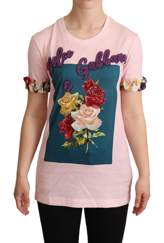 Dolce & Gabbana Pink Cotton Floral Roses Crewneck T-shirt Dolce & Gabbana