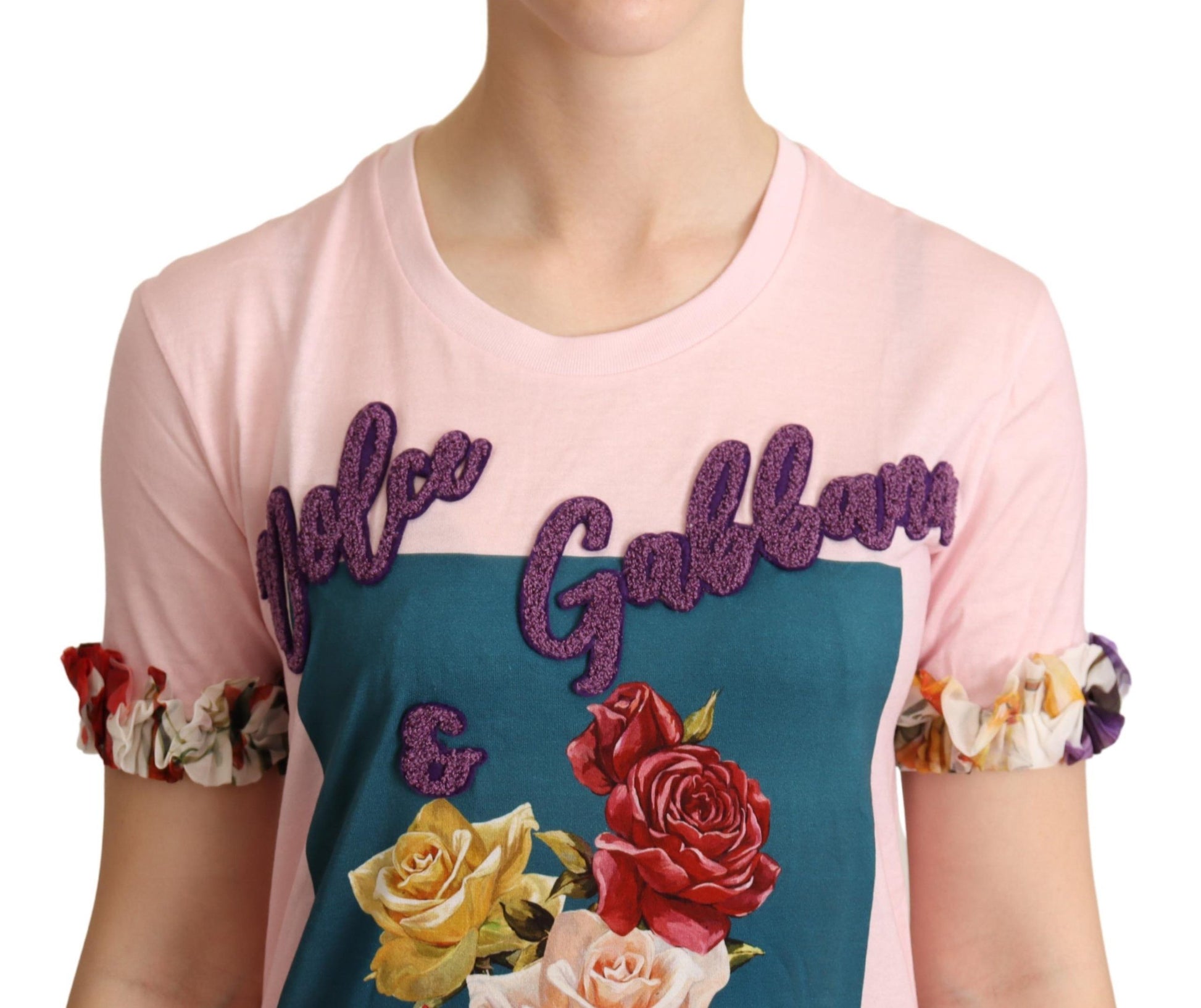Dolce & Gabbana Pink Cotton Floral Roses Crewneck T-shirt Dolce & Gabbana