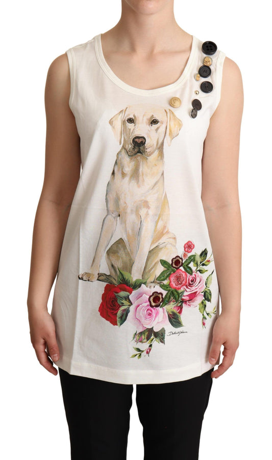 Dolce & Gabbana White Dog Floral Print Embellished T-shirt Dolce & Gabbana