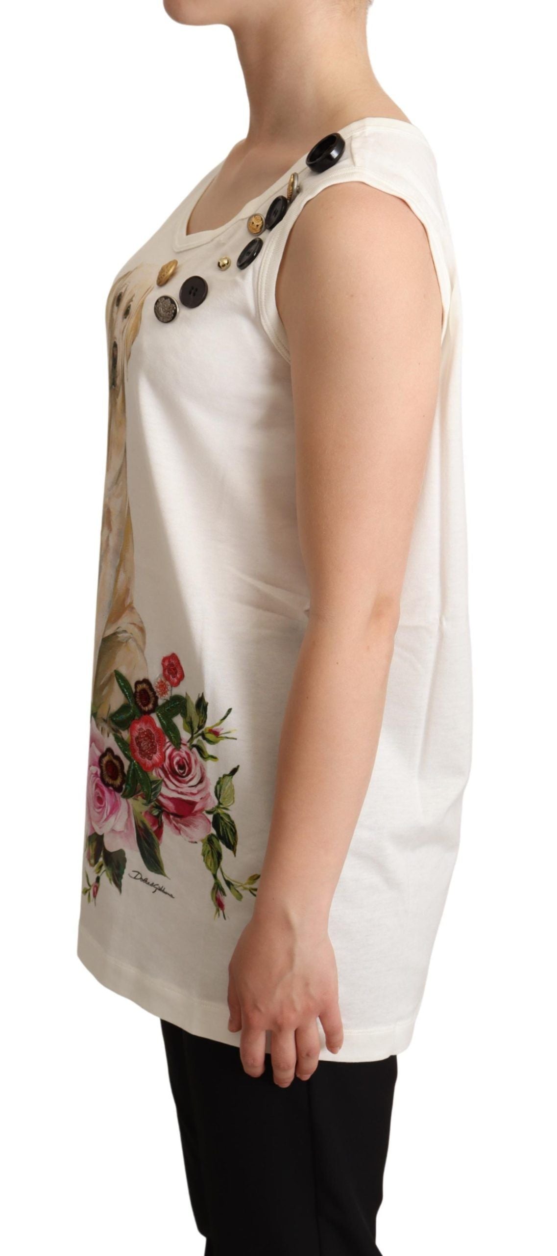 Dolce & Gabbana White Dog Floral Print Embellished T-shirt Dolce & Gabbana