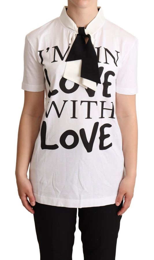 Dolce & Gabbana White Cotton Silk Blend Ascot Collar T-shirt Dolce & Gabbana