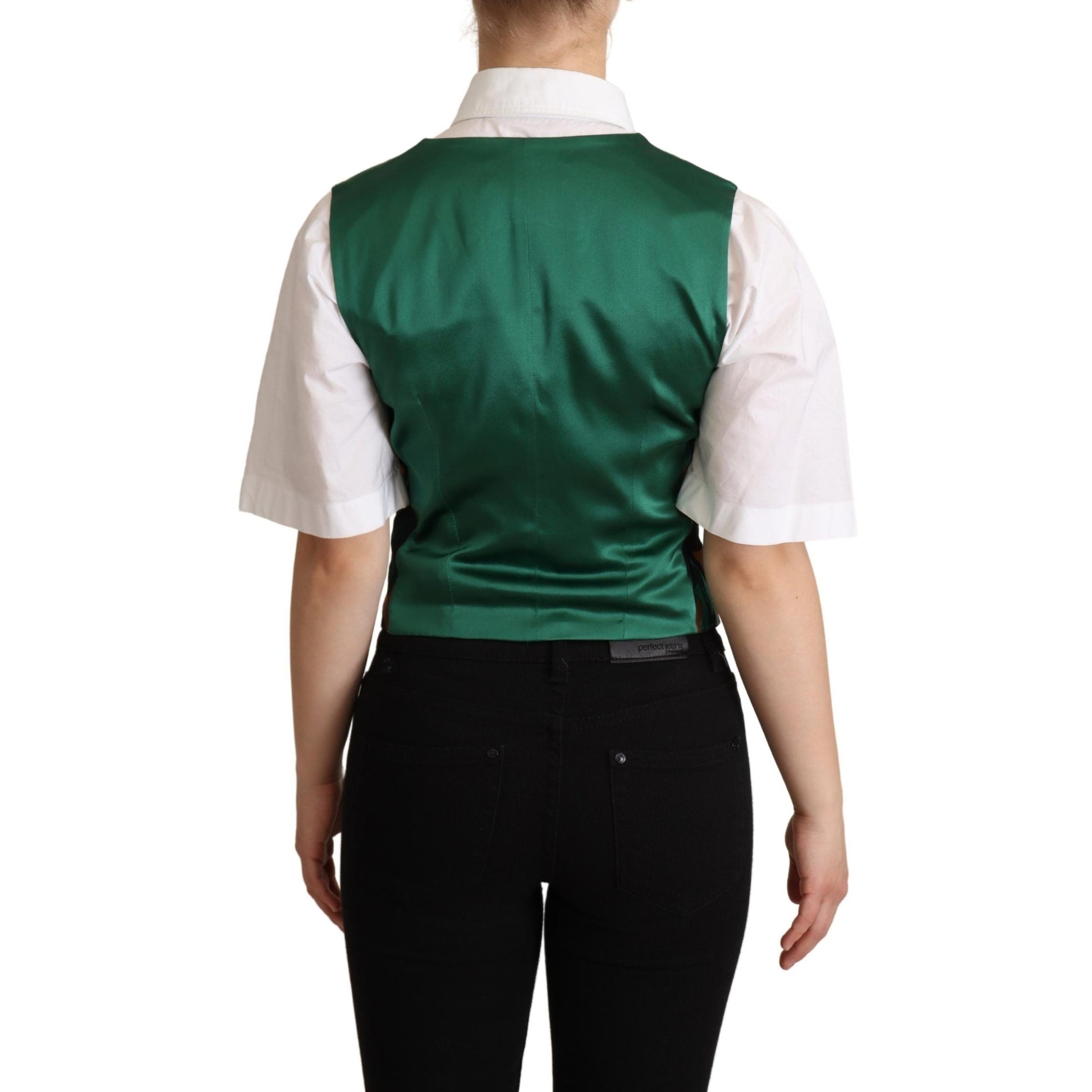 Dolce & Gabbana Green Jacquard Leaf Gold Waistcoat Vest Dolce & Gabbana