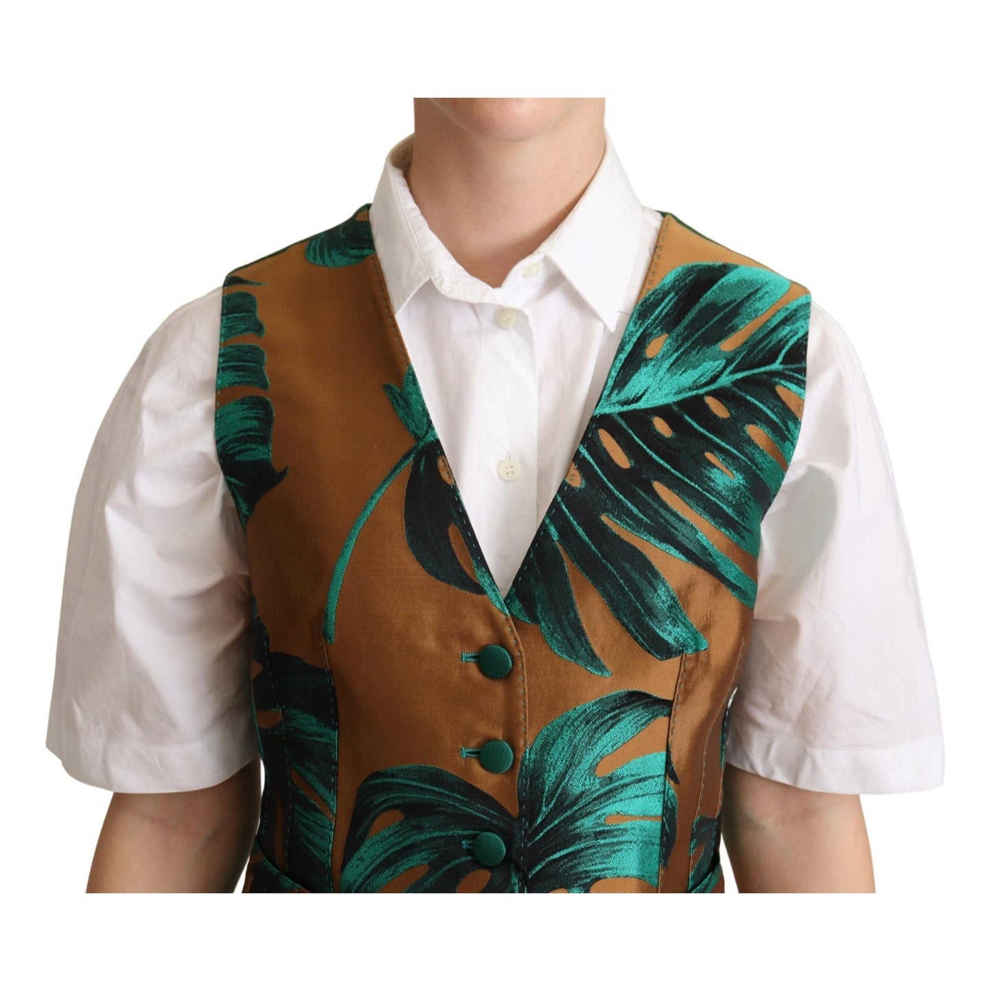 Dolce & Gabbana Green Jacquard Leaf Gold Waistcoat Vest Dolce & Gabbana