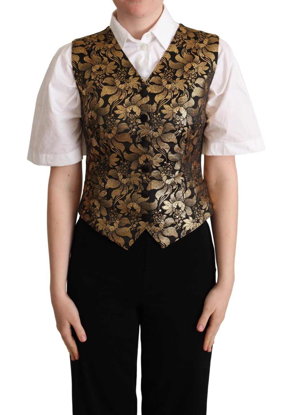 Dolce & Gabbana black and gold jacquard silk waistcoat vest with intricate pattern and tailored fit.