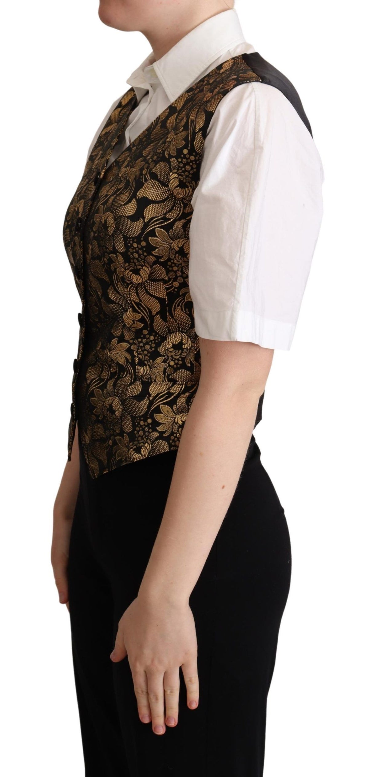 Dolce & Gabbana black and gold jacquard silk waistcoat vest with intricate pattern and tailored fit.