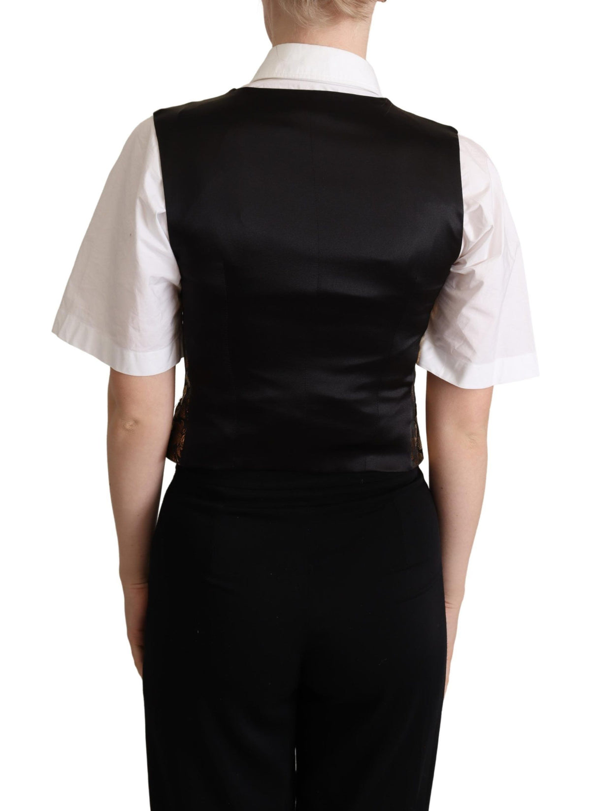 Dolce & Gabbana black and gold jacquard silk waistcoat vest with intricate pattern and tailored fit.