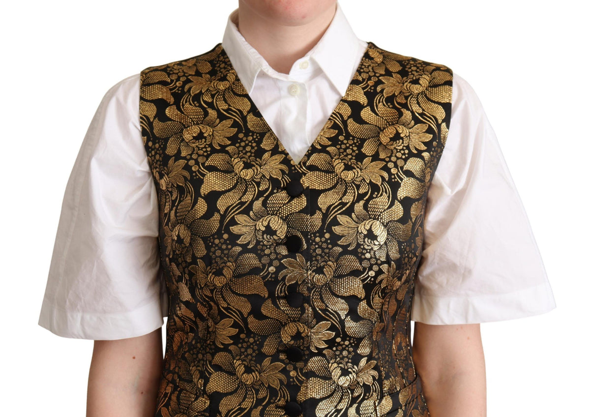 Dolce & Gabbana black and gold jacquard silk waistcoat vest with intricate pattern and tailored fit.