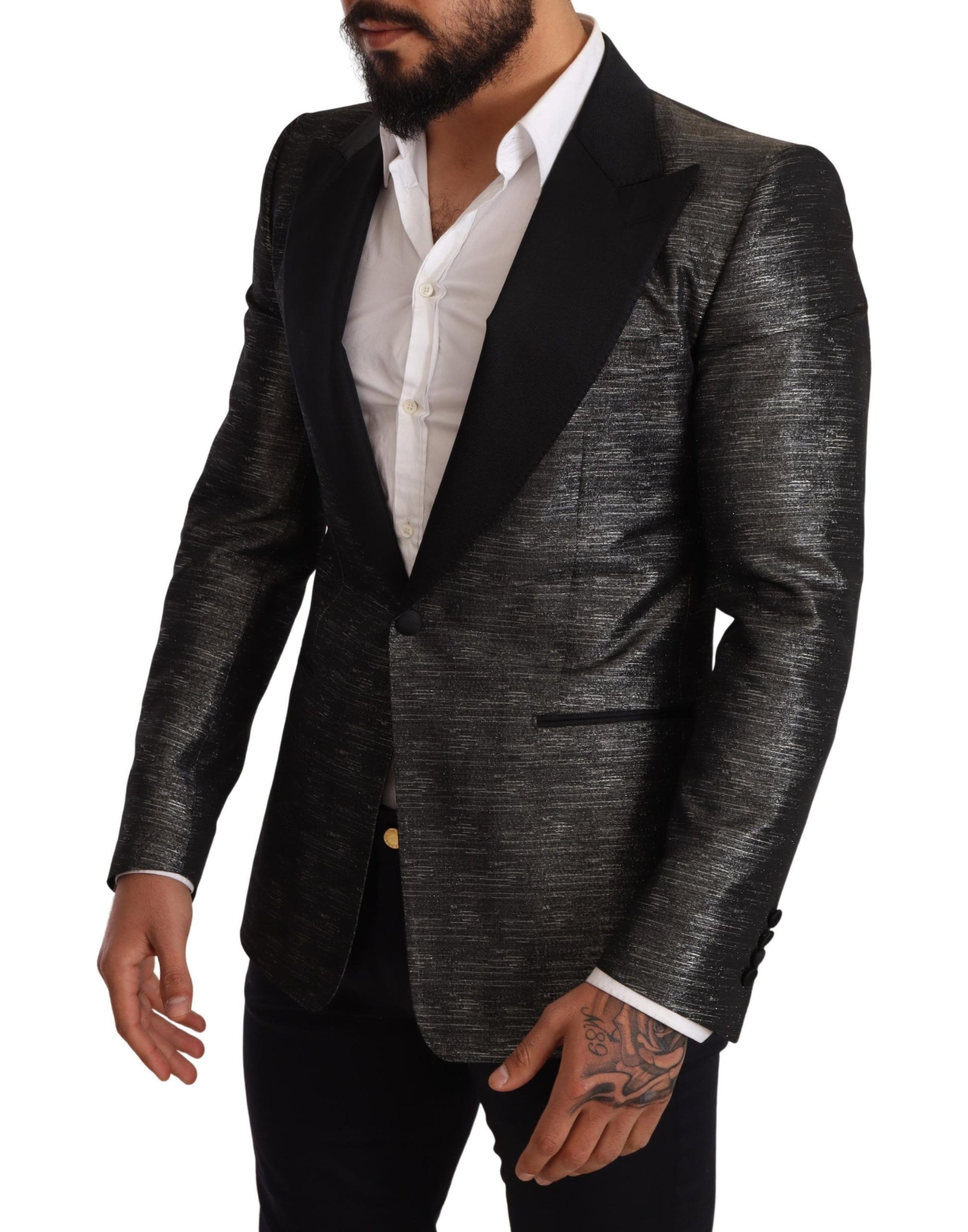Dolce & Gabbana Gray Metallic Black Slim Tuxedo Blazer Dolce & Gabbana