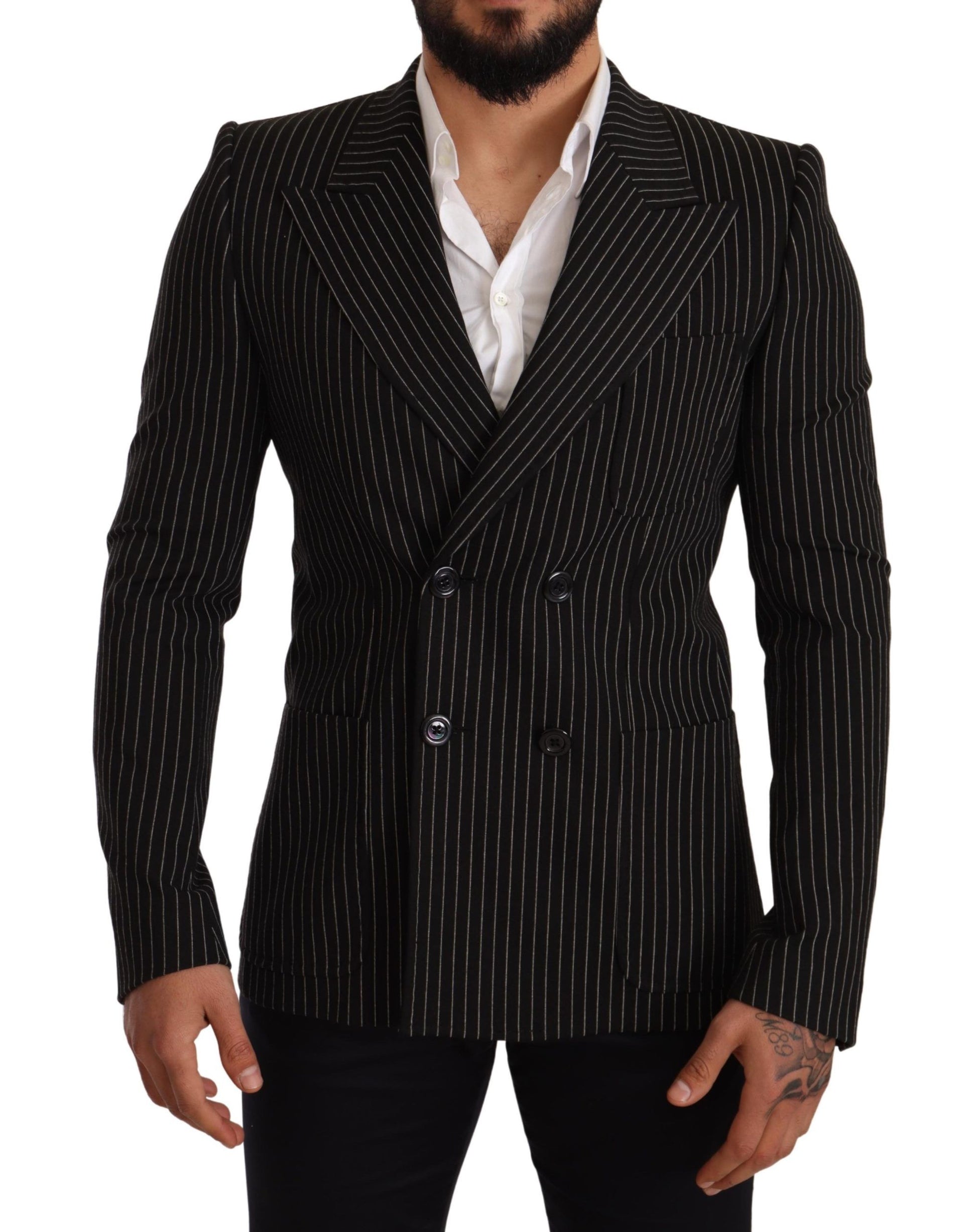Dolce & Gabbana Black White Striped Slim Fit Coat Blazer Dolce & Gabbana