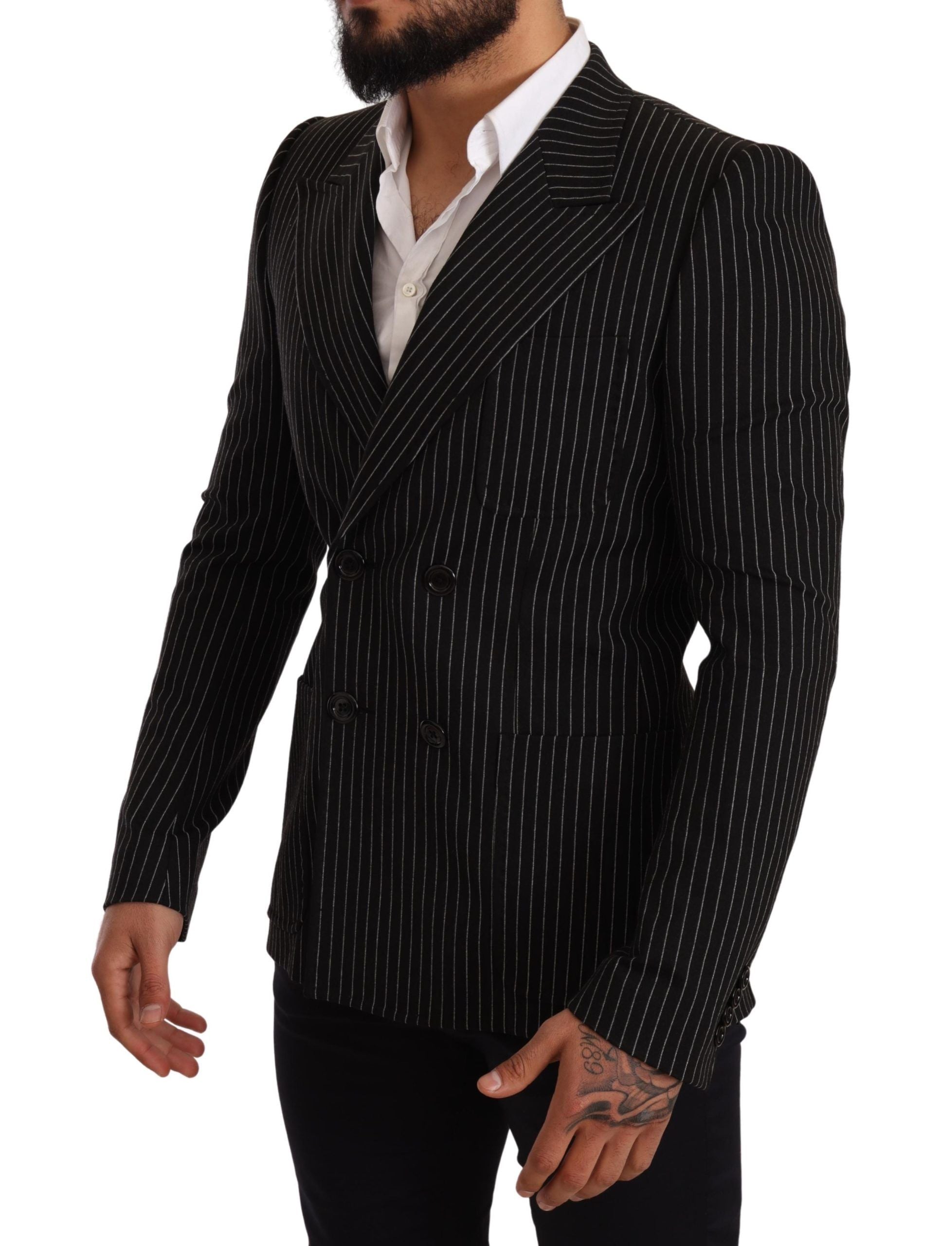 Dolce & Gabbana Black White Striped Slim Fit Coat Blazer Dolce & Gabbana