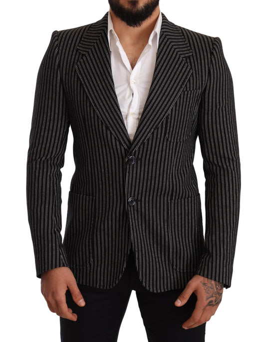Dolce & Gabbana Black Striped Slim Fit Wool Coat Blazer Dolce & Gabbana