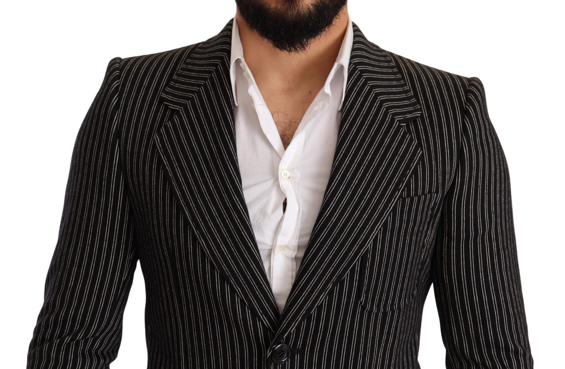 Dolce & Gabbana Black Striped Slim Fit Wool Coat Blazer Dolce & Gabbana
