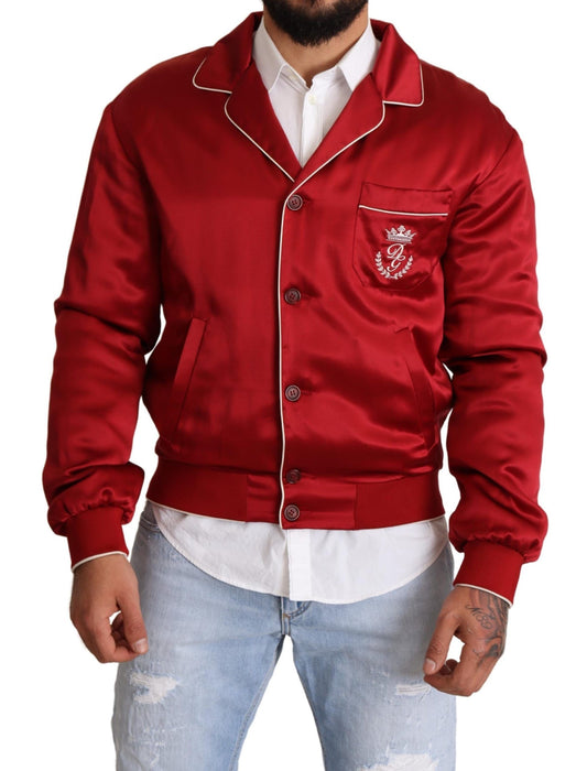 Dolce & Gabbana Red Silk Button DG Logo Bomber Jacket Dolce & Gabbana