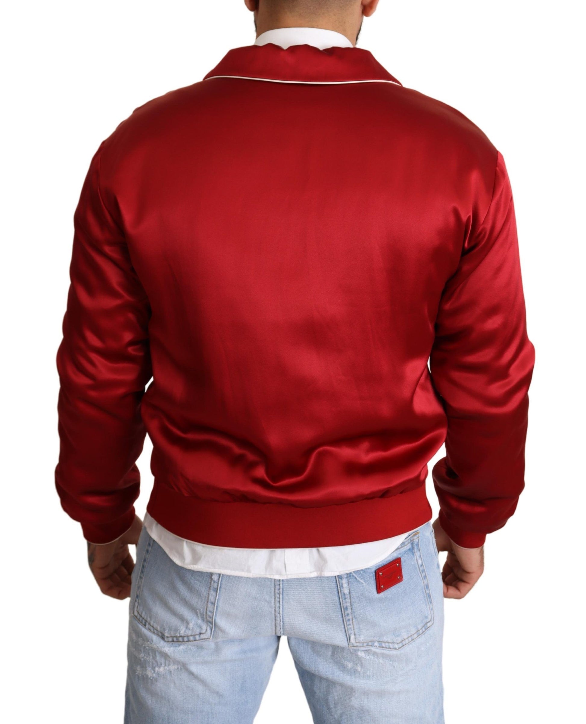 Dolce & Gabbana Red Silk Button DG Logo Bomber Jacket Dolce & Gabbana