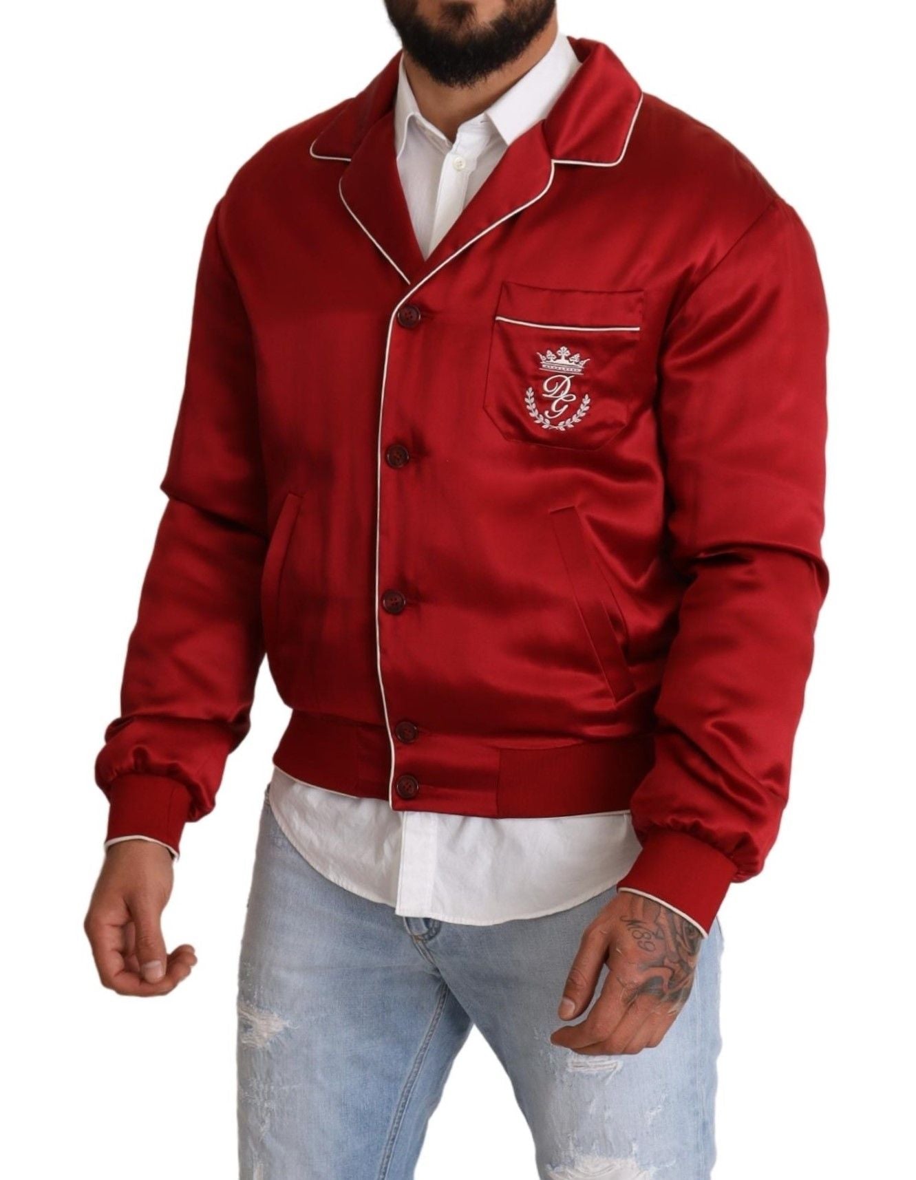 Dolce & Gabbana Red Silk Button DG Logo Bomber Jacket Dolce & Gabbana