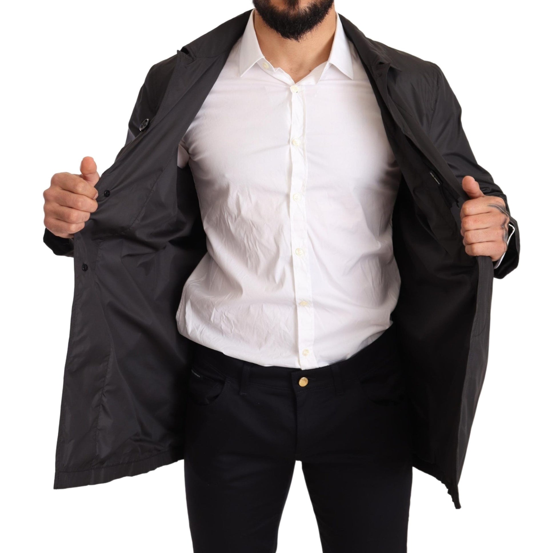 Dolce & Gabbana Black Polyester Mens Trench Coat Jacket Dolce & Gabbana