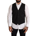 Black formal dress vest by Dolce & Gabbana, tailored fit with sleek fabric and elegant design, displayed on a mannequin.