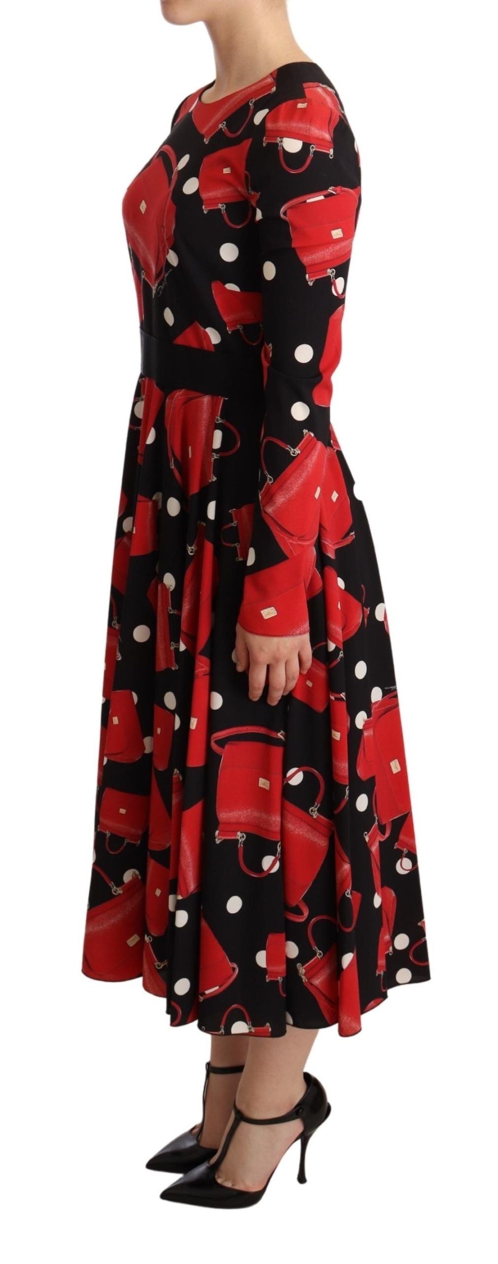Dolce & Gabbana Black Sicily Bag Print Flared Midi Dress Dolce & Gabbana