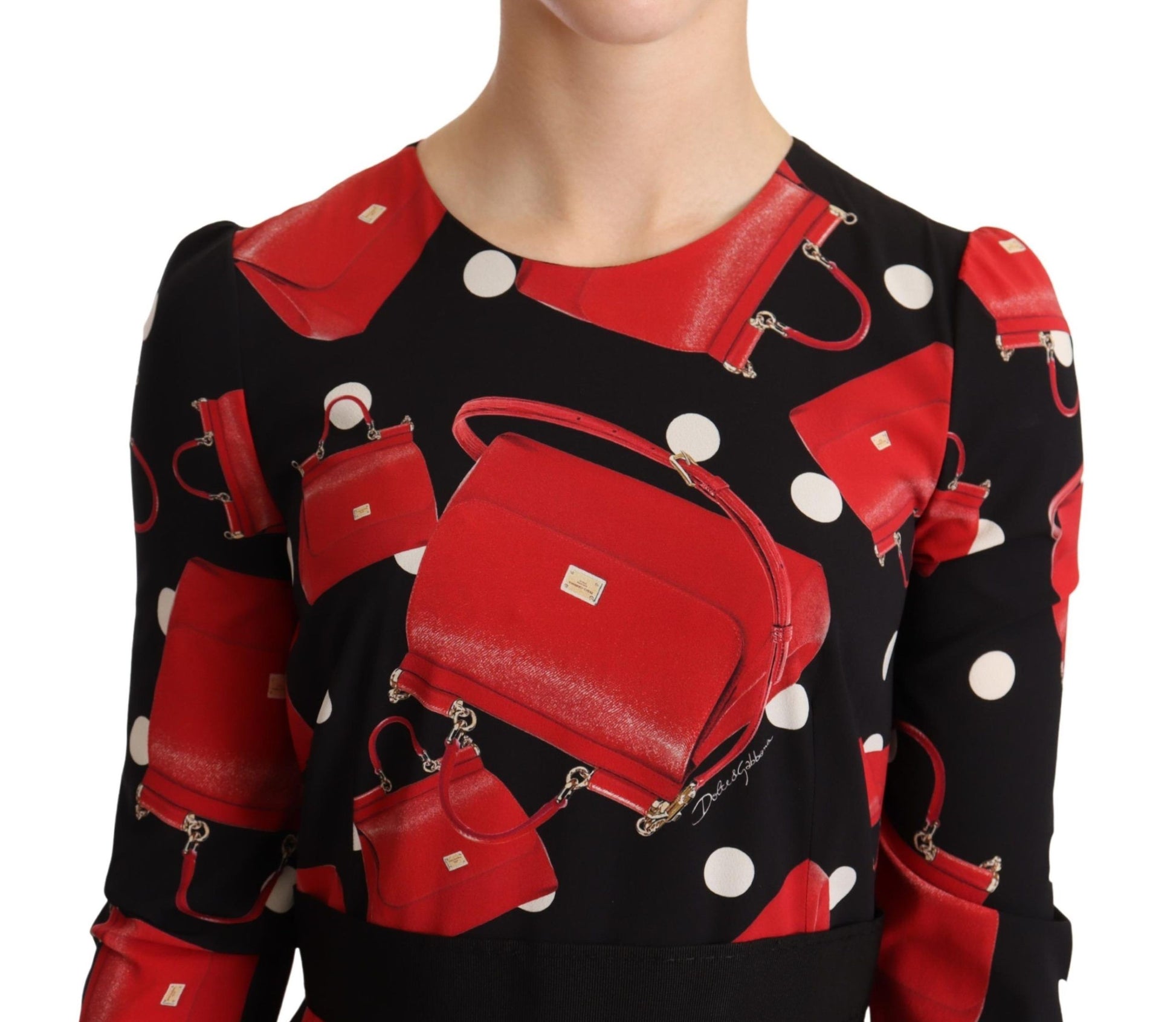 Dolce & Gabbana Black Sicily Bag Print Flared Midi Dress Dolce & Gabbana