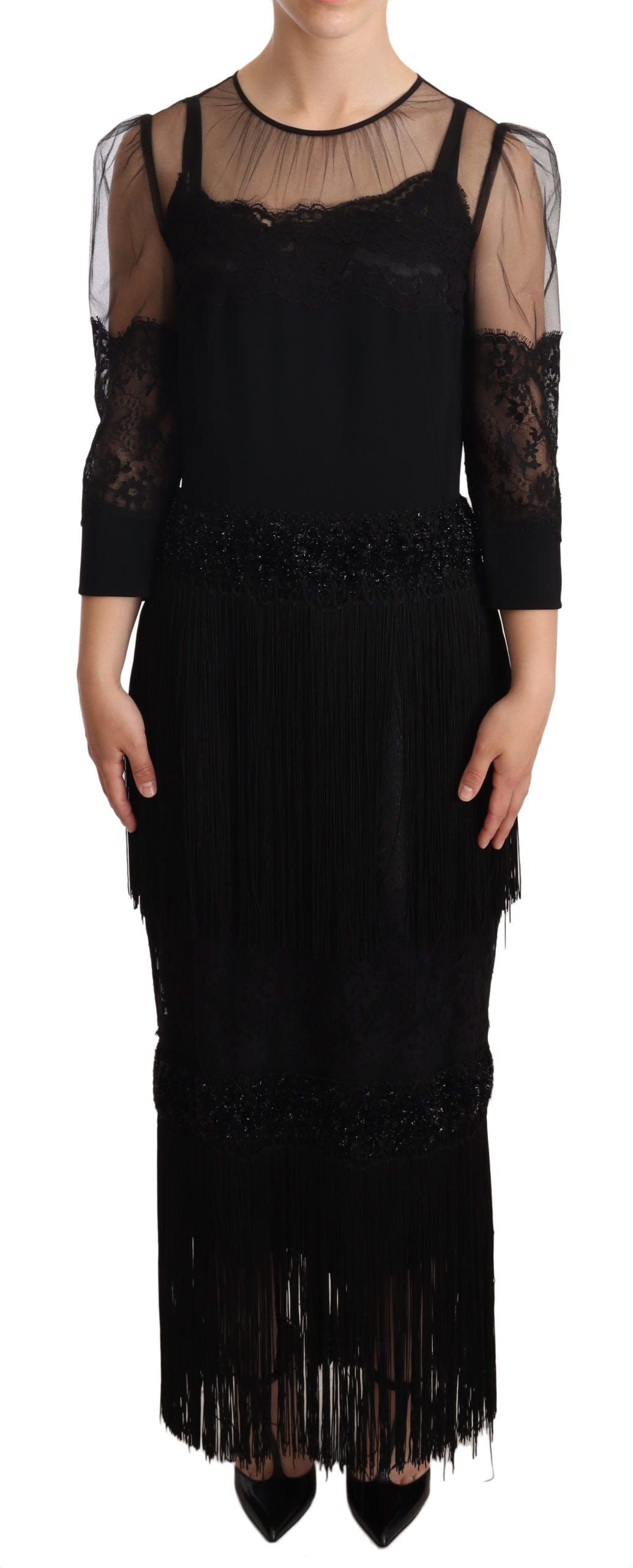 Dolce & Gabbana Black Sheer Floral Lace Crystal Maxi Dress Dolce & Gabbana
