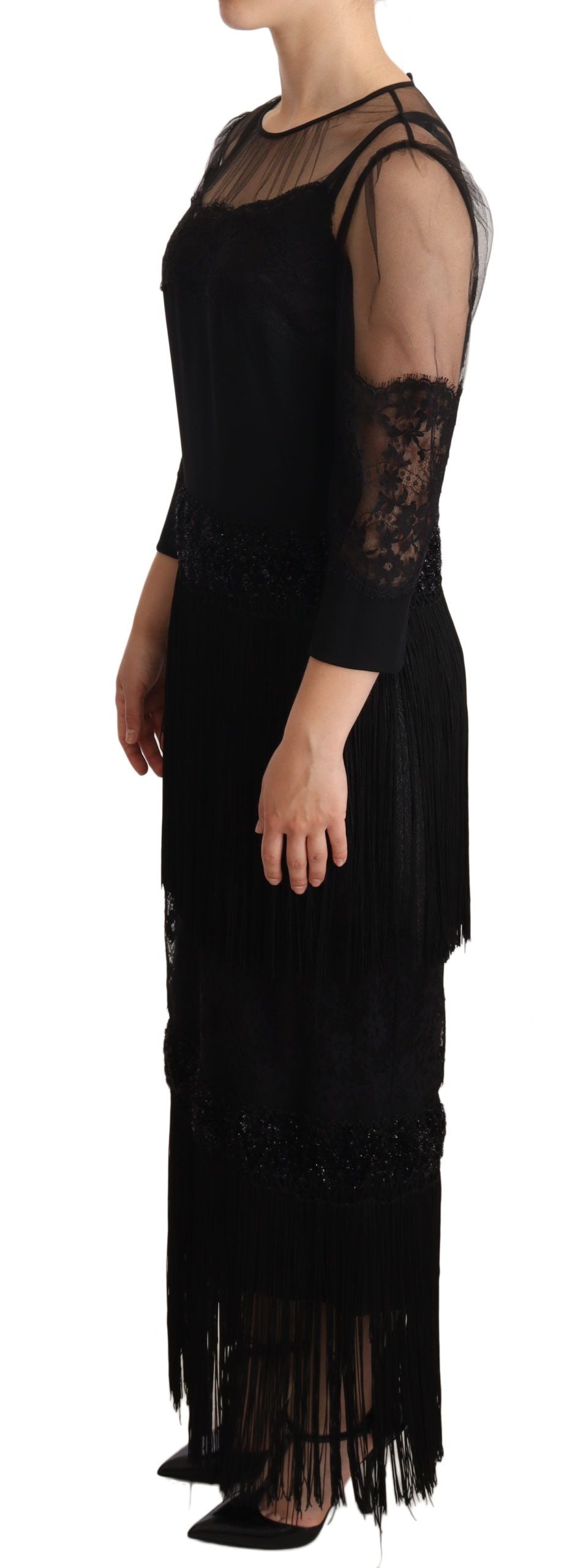 Dolce & Gabbana Black Sheer Floral Lace Crystal Maxi Dress Dolce & Gabbana