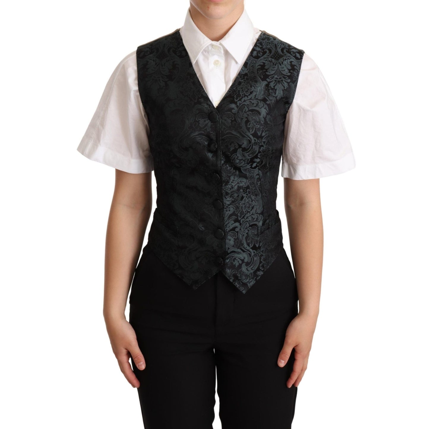 Dolce & Gabbana Black Jacquard Floral Waistcoat Vest Green Dolce & Gabbana