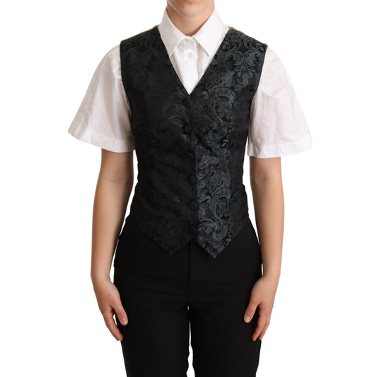 Dolce & Gabbana Black Jacquard Floral Waistcoat Vest Green Dolce & Gabbana