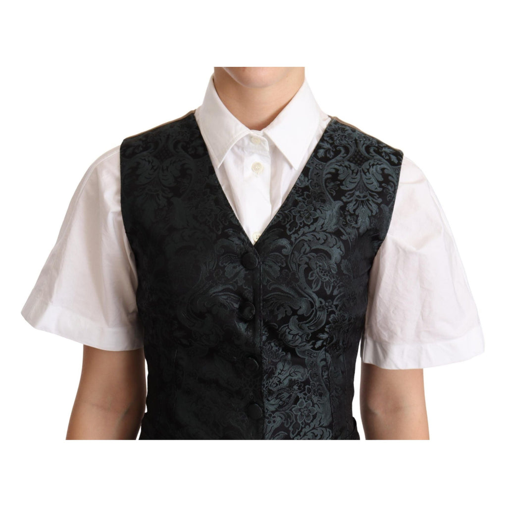 Dolce & Gabbana Black Jacquard Floral Waistcoat Vest Green
