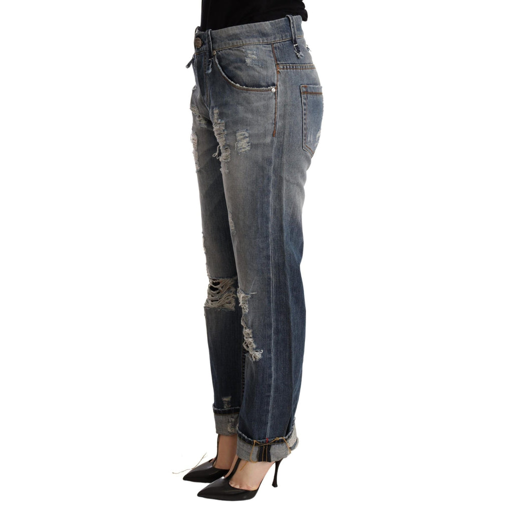 Acht Blue Tattered Mid Waist Straight Denim Trouser