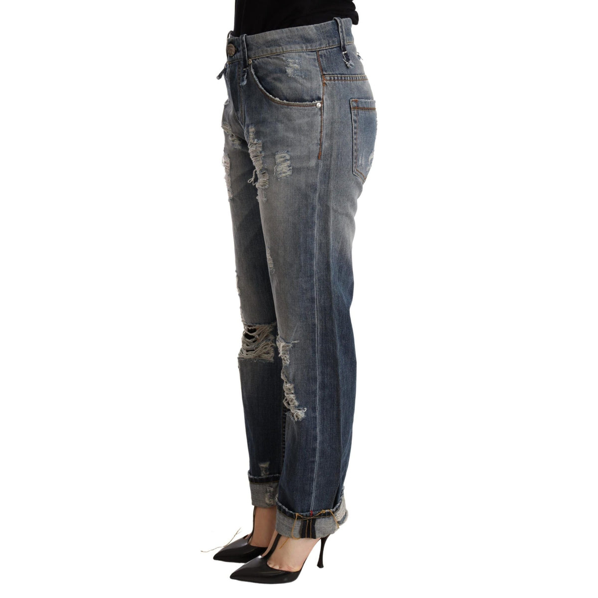 Acht Blue Tattered Mid Waist Straight Denim Trouser
