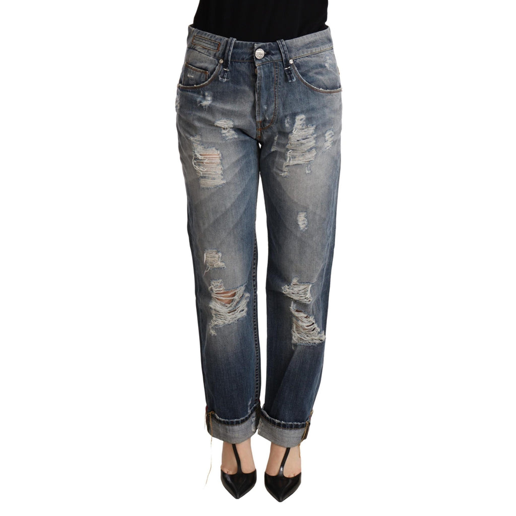 Acht Blue Tattered Mid Waist Straight Denim Trouser