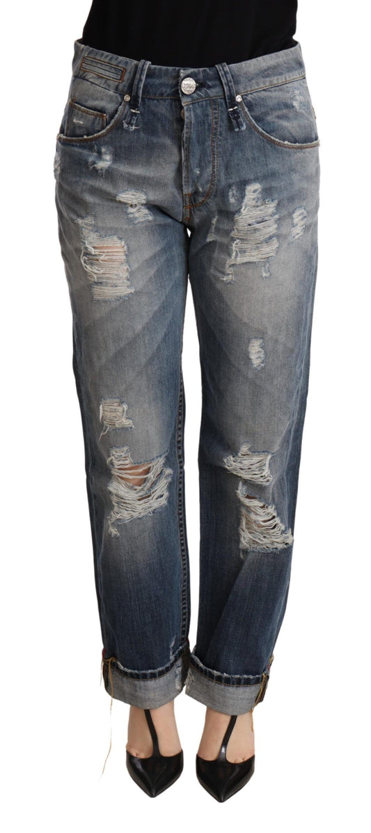 Acht Blue Tattered Mid Waist Straight Denim Trouser Acht