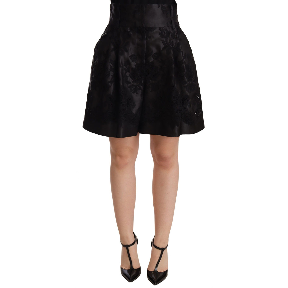Dolce & Gabbana black floral brocade high-waist mini shorts with intricate floral pattern and tailored fit.