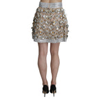 Dolce & Gabbana Silver Silk Crystal High Waist Mini Skirt