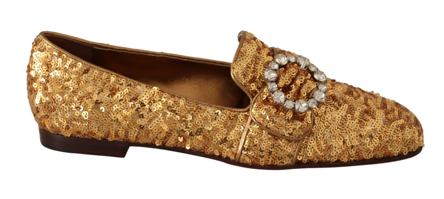 Dolce & Gabbana Gold Sequin Crystal Flat Women Loafers Shoes Dolce & Gabbana